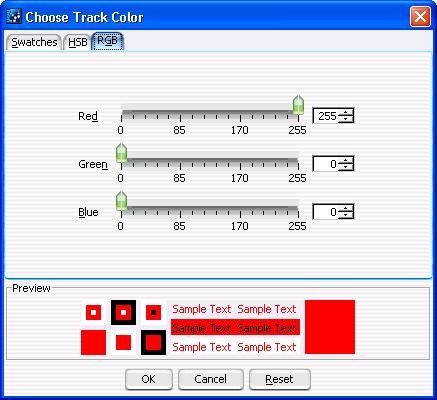 SureSelect Quality Analyzer Reference 4 Choose Track Color RGB tab Figure 35 Choose Track Color dialog box RGB tab This tab lets you use the RGB (red- green- blue) color model to define a color.