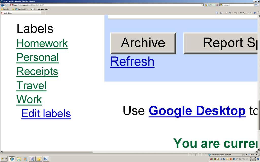 Screenshot of the Labels area on the main page of Gmail. The Homework Label is now on the list and can be accessed as a link.