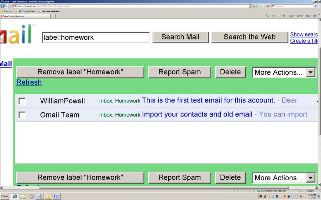 We can go to the Homework link in the Labels area of the main Gmail page, tap the Enter Key one time to open it, and find that our Homework labeled emails are also shown there.