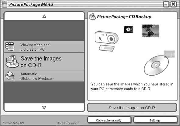 Using Picture Package Start up the [Picture Package Menu] on the desktop to use the various functions. The default screen may differ depending on your computer.