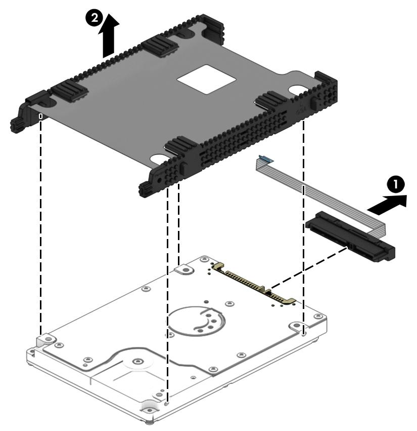 3. If it is necessary to disassemble the hard drive, pull the connector off the rear of the drive (1), and then lift the cover off the drive (2).