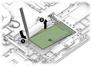 5. Working around each edge, pry the TouchPad module loose, and then remove it from the computer (2).