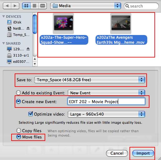 6. Import both video clips. To begin importing your video clips select Import>Movies from the File menu. This will bring up the following Import window.