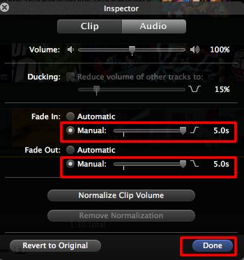 credits clips and click on Done. Your audio clip will now fade in and fade out automatically when your movie is played. 10. Add a visible transition between your two imported video clips.