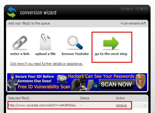 Notice that you see the link to your video in the conversion list. To convert the video click on the go to next step button.