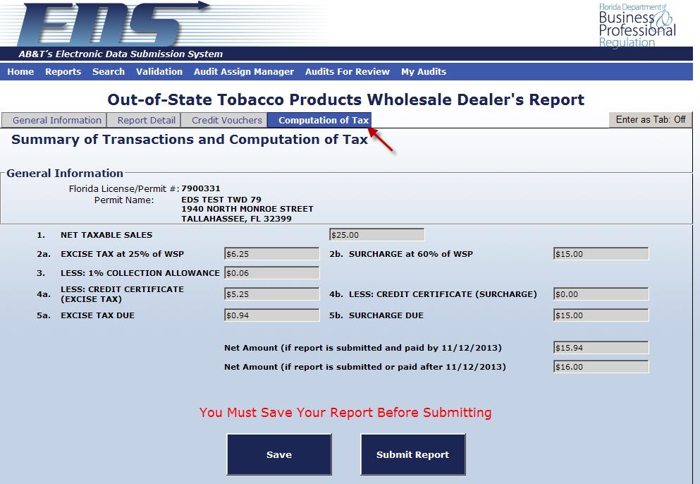 Computation of Tax screen shot showing totals The Computation of Tax tab