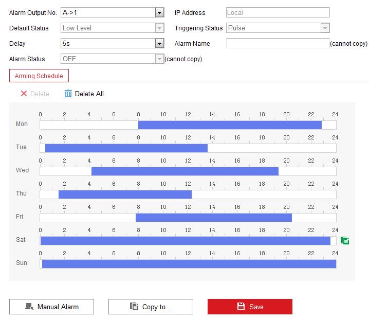 3. Click Arming Schedule to set the arming schedule for the alarm input. 4. Click Linkage Method and check the checkbox to select the linkage method taken for the alarm input. 5.