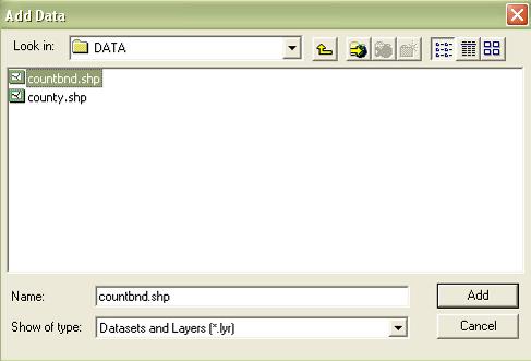 Step 3. The Add Data dialog box displays. Navigate to c:\data\countbnd.shp. This may be in a different location, or wherever your downloaded data is saved. Step 4.