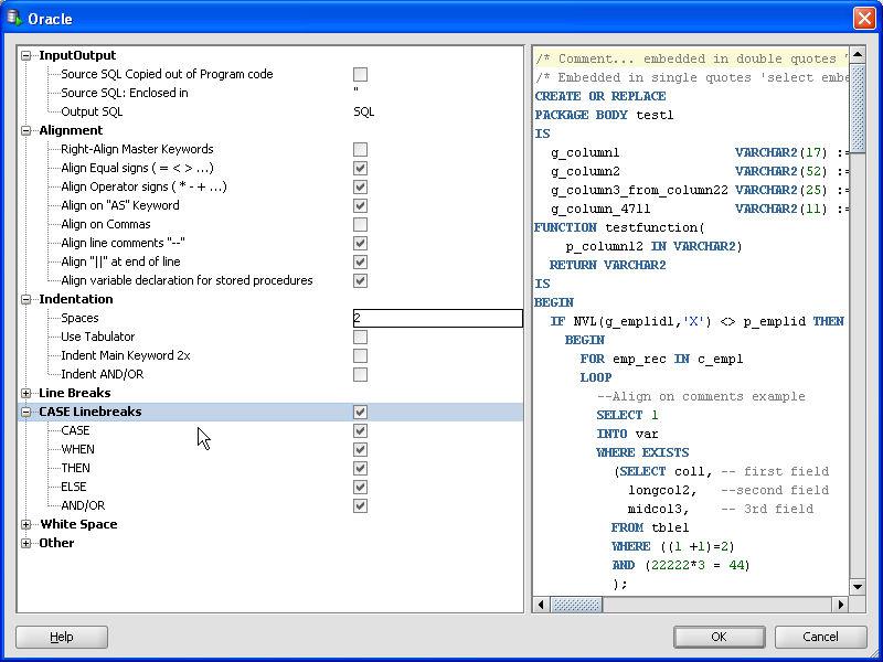 Worksheet SQL Formatter Preview layout Code refactoring options Code