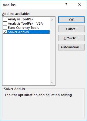 3. In the Add-Ins available box, select the Solver Add-in