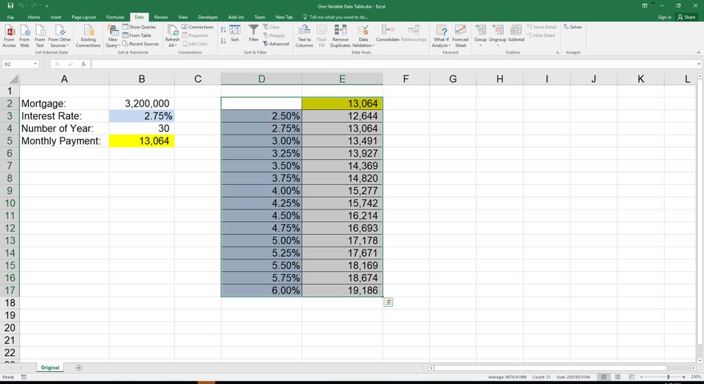 4. From the menus choose Data tab, What-If Analysis group, Data Table. Excel displays the Table dialog that asks you to identify the cell reference for the input cell.