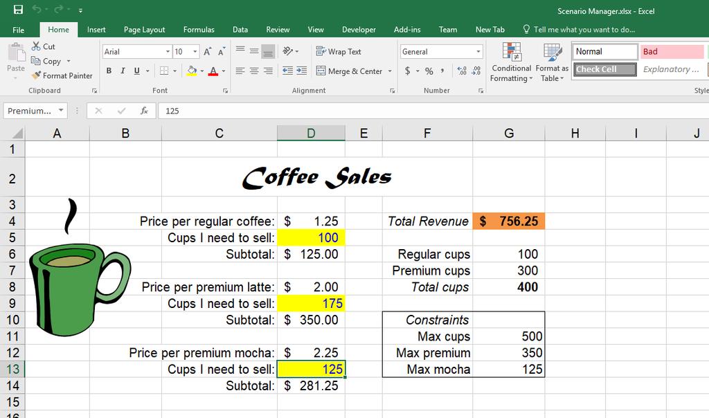 2. Scenario Manager To model problems that are more complicated than data tables can handle, involving as many as 32 variables, you can call on the services of the Scenario Manager in Excel.