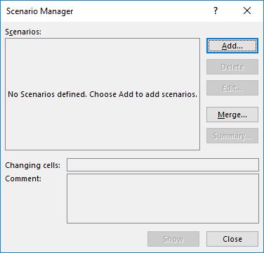 To create a scenario using the active workbook, follow these steps: 1. Click Data tab, What-If Analysis group, and click Scenario Manager to open the Scenario Manager dialog box. 2.
