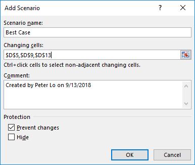 In the Changing Cells box, specify the variable cells that you want to modify in your scenario.