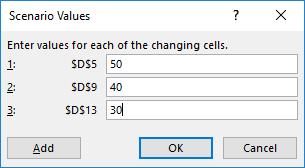 5. Click the [Add] button in the Scenario Values dialog box to return to the Add Scenario dialog box, where you ll create a second scenario. 6.