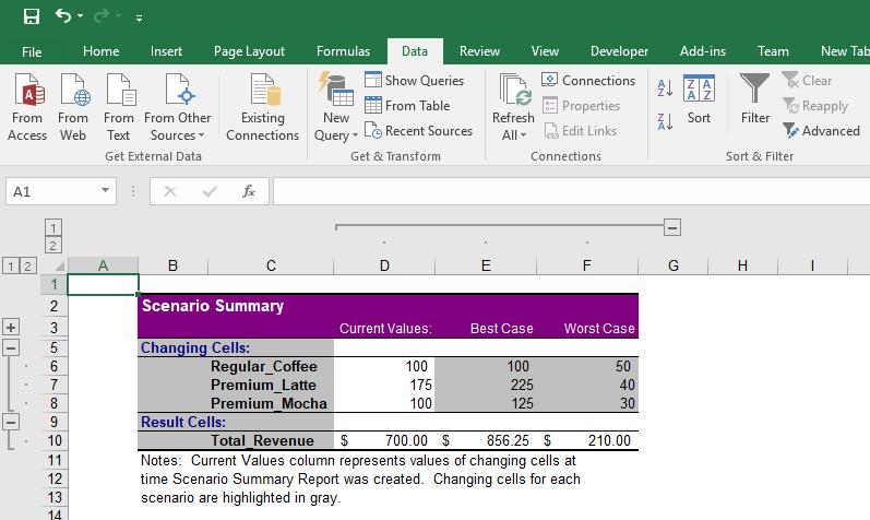 6. After a short pause, a new Scenario Summary tab will appear in your workbook, as shown in the following figure.
