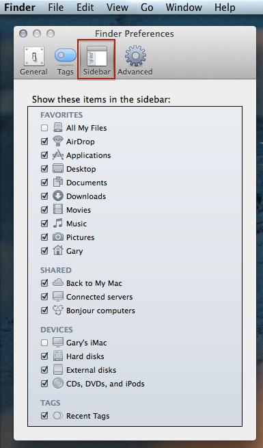 From the Sidebar pane you select which items you want shown in the sidebar.