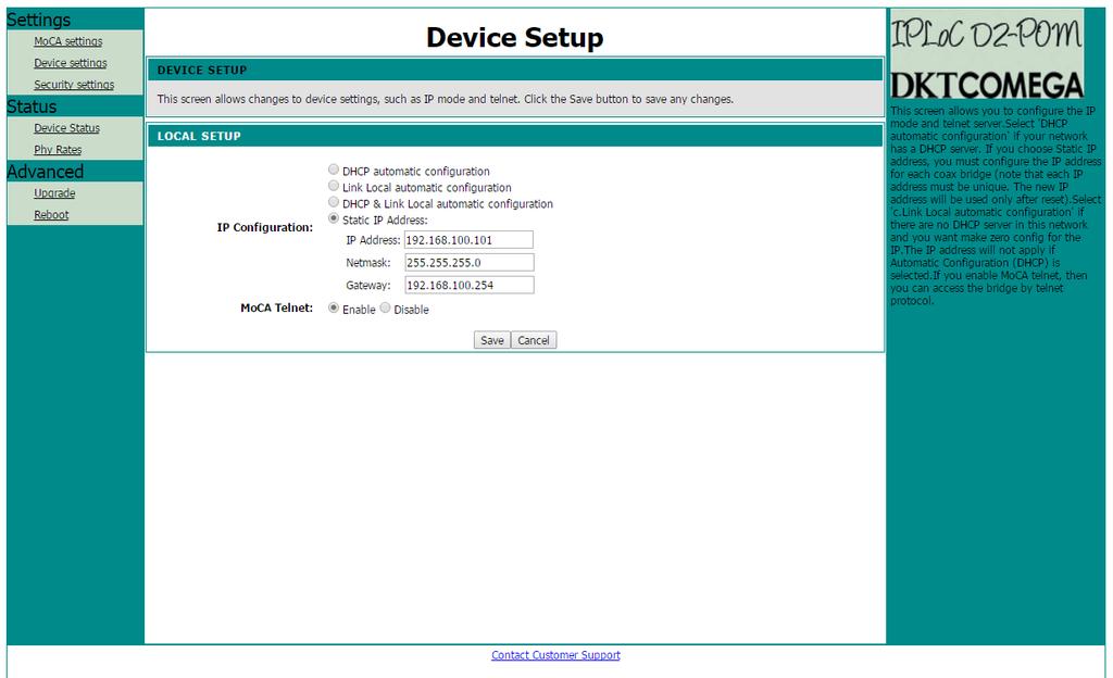 Device Setup This screen allows changes to device settings, such as IP mode and Telnet. Click the Save buttons to save any changes.