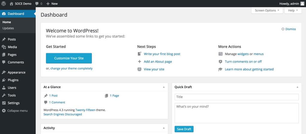 3. Log in to your Wordpress Dashboard To open up your Wordpress Dashboard is the same process as loading the Front End of your site, except you need to add /wp-admin to the end of your URL:
