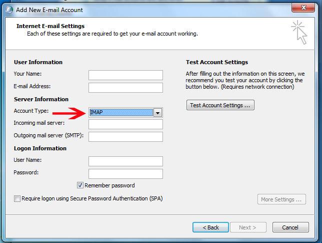 5. On the Internet E-Mail Settings window, select IMAP from the Account Type drop down menu. 6. The next window will require you to enter your e-mail account information.