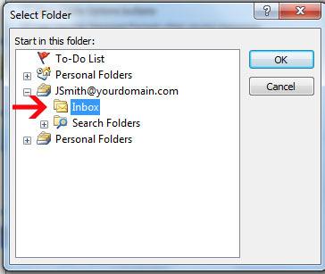 15. From the Select Folder window, select the Inbox folder under the e-mail address you have just setup.