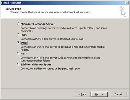 3. On the Server Type window, select IMAP as your server type. 4. The next window will require you to enter your e-mail account information.