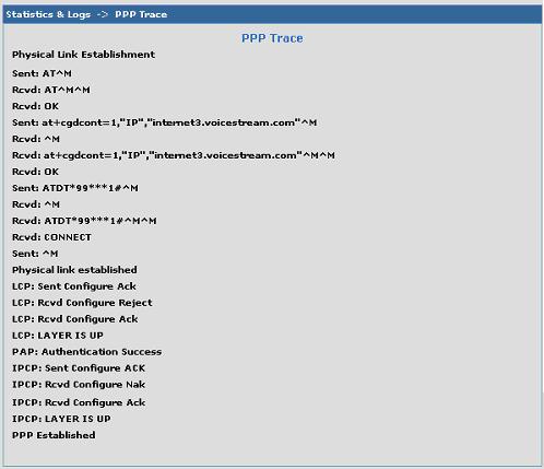 Statistics & Logs > PPP Trace This is an example of the PPP Trace Statistics & Logs page.