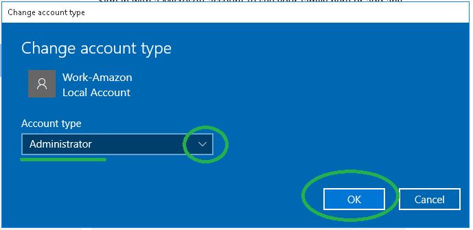 14. In the screens below you will initially see Standard User as the account type. We want to click the drop down arrow shown below to see other choices.
