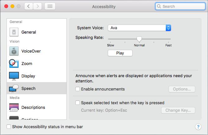 This will open the Speech tab of the Accessibility window: Select a different voice from the System Voice drop down list.