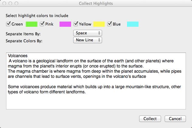 The Collect Highlights window is displayed: 9.