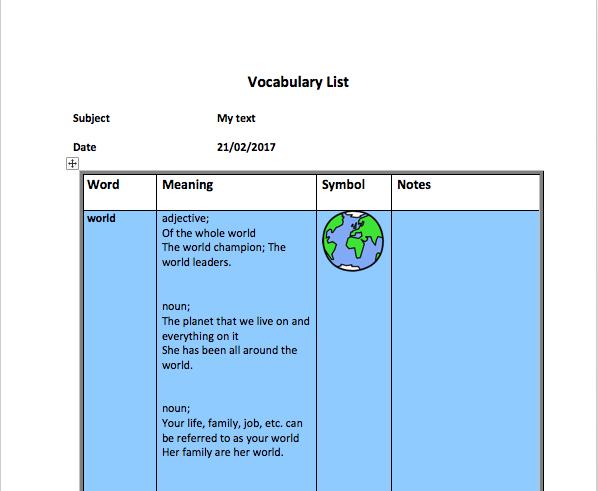 Your Vocabulary List is displayed in Microsoft Word, complete with definitions and explanatory images: 8.
