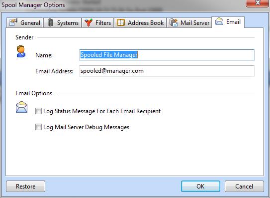 Spooled File Manager GUI Program options Server Requires Authentication Enable the User and Password fields if your mail server requires authentication prior to sending and receiving emails.