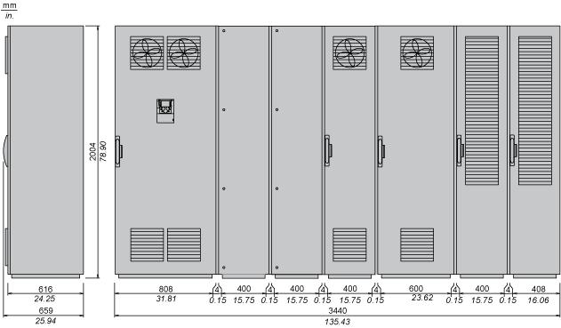 Product data sheet Dimensions Drawings ATV71EXA2C71N4 IP 23 Floor-Standing Enclosure with Separate Air