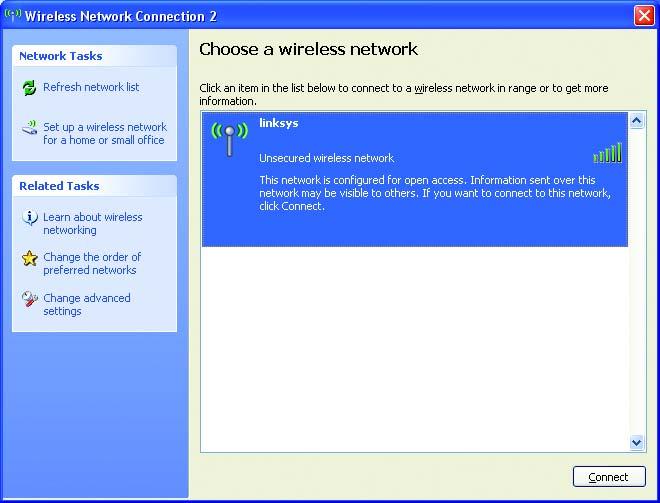 2. The screen that appears will show any available wireless network. Select the network you want. Click the Connect button.