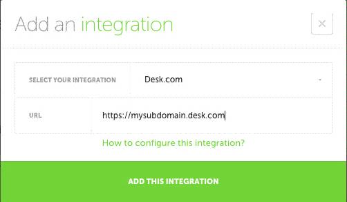 On Aircall: 1. Log in to your Aircall account at dashboard.aircall.io/login 2. Go to Configuration and select the menu Integrations to third parties 3. Select "Desk.com" 4. Enter your Desk.