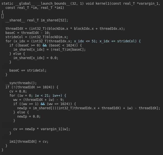 Example generated code: 1-D FIR filter Shared memory decl