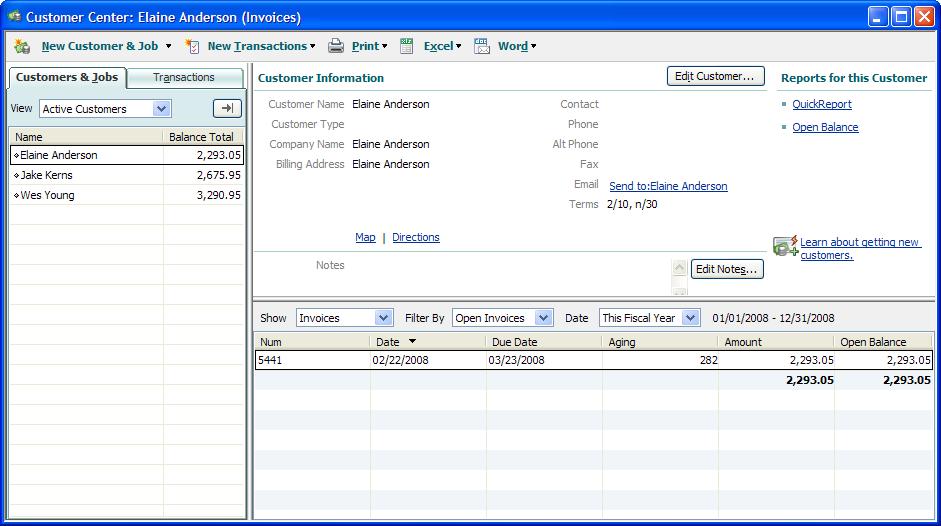 QuickBooks Pro 2008 An Introduction to QuickBooks Pro Page 6 The Customers & Jobs tab lists customer accounts with balances to the left and transactions for the highlighted customer on the right.