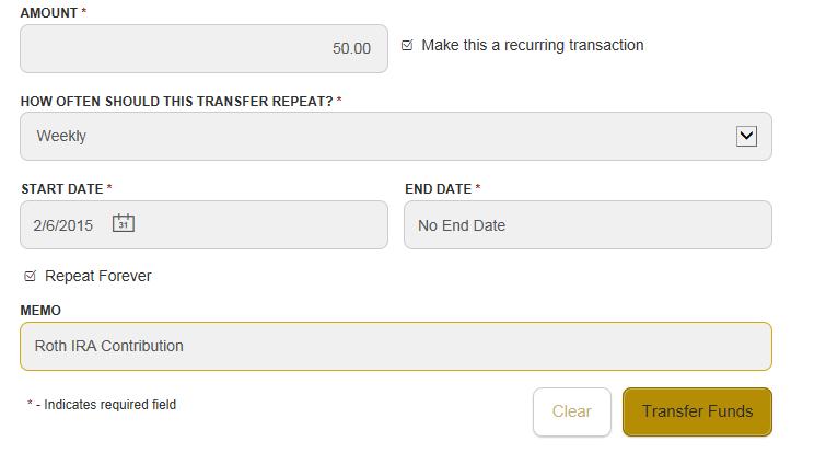 Simply enter the amount you want to transfer in the Amount box and if you want to set the transfer up to happen on a recurring basis you may click the Make this a recurring transaction box to place a