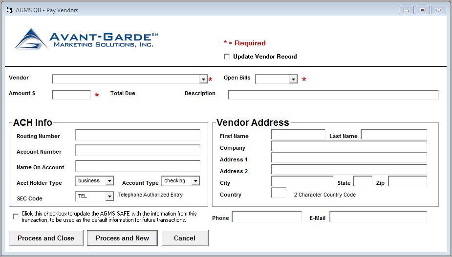 PAY BILLS WITH ACH To pay a specific bill, select AGMS -> Pay Bills by ACH from the Customers Menu Select the Vendor you d like to pay from the drop down.