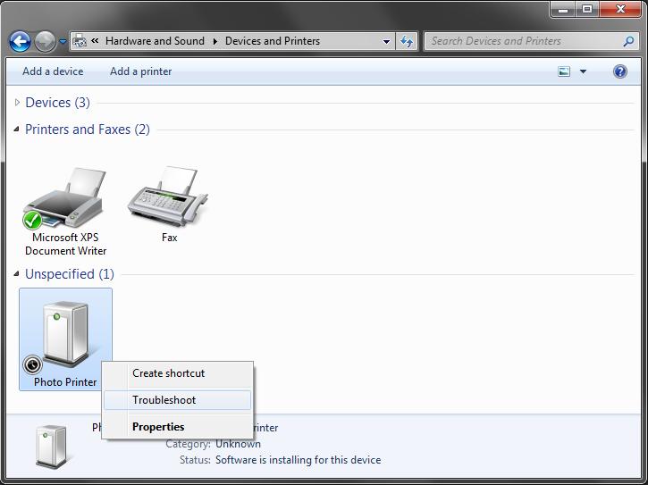 1.4 Install drivers for unspecified devices If you connect a printer that is on to the computer before installing the driver package, a device is created under Unspecified in Devices and Printers.
