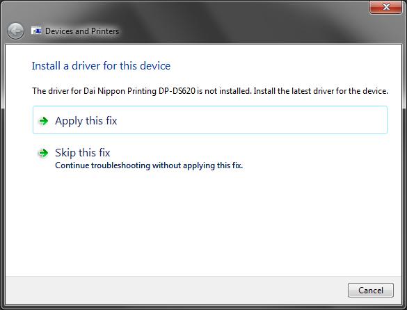 The Install a driver for this device screen appears. Click "Apply this fix".
