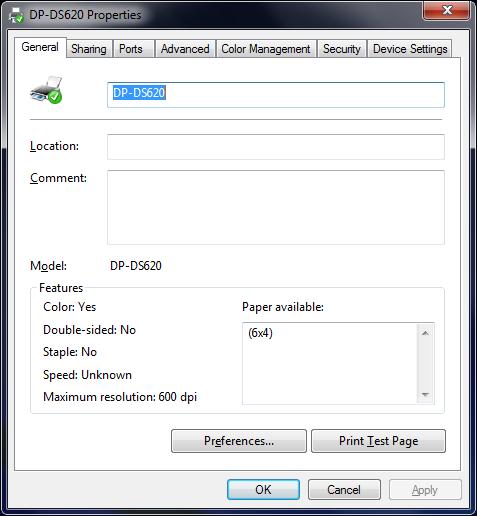 3. Right click the DP-DS620 icon. From the menu, click "Printer Properties" to open the Properties dialog box.