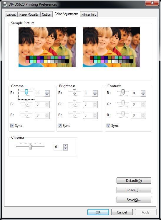 2.2.5 Color Adjustment If the Handled by Driver check box is selected in the 2.2.4 Option, the adjustment values of the Color Adjustment tab are applied to the image. Fig 2.2.5 Color Adjustment tab The following section shows the setting ranges on the Color Adjustment tab.