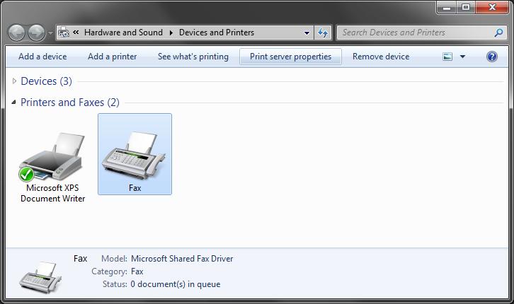 select another printer (for example, Fax), and then click "Print Server Properties" in