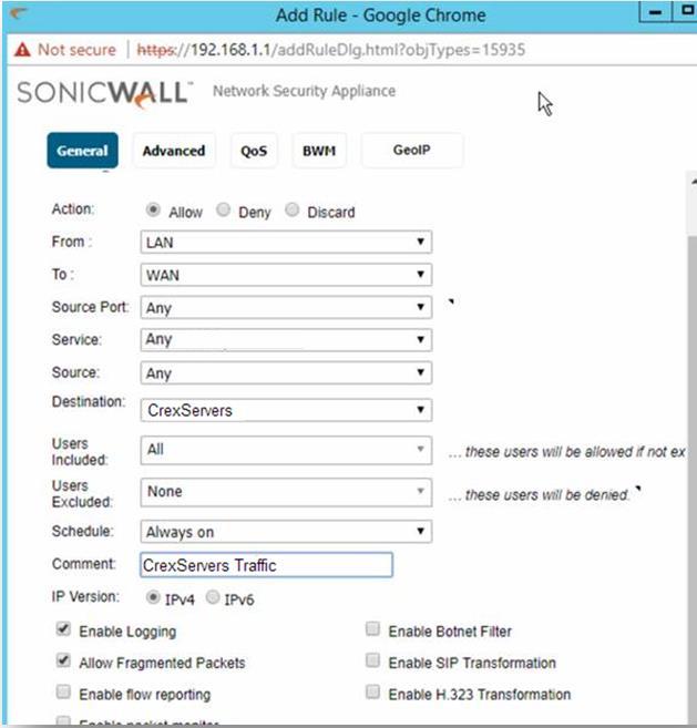 Firewall Access Rules (Create LAN to WAN Rule for Crex IP Subnet) Click on Add to bring up a dialog for adding a new firewall access rule.