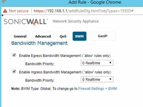 Check Enable Outbound Bandwidth Management ( allow rules only) o Bandwidth Priority set to 0 Realtime Check Enable Inbound