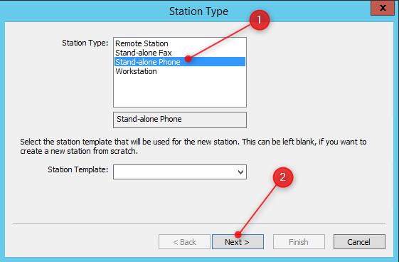 3) Select Stand-alone Phone [1] as the Station Type followed by Next [2].