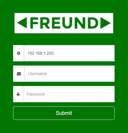 1. Log in and Home The default IP address for FREUND SIP server is 192.168.1.250. You will be prompted to enter the Username and Password.