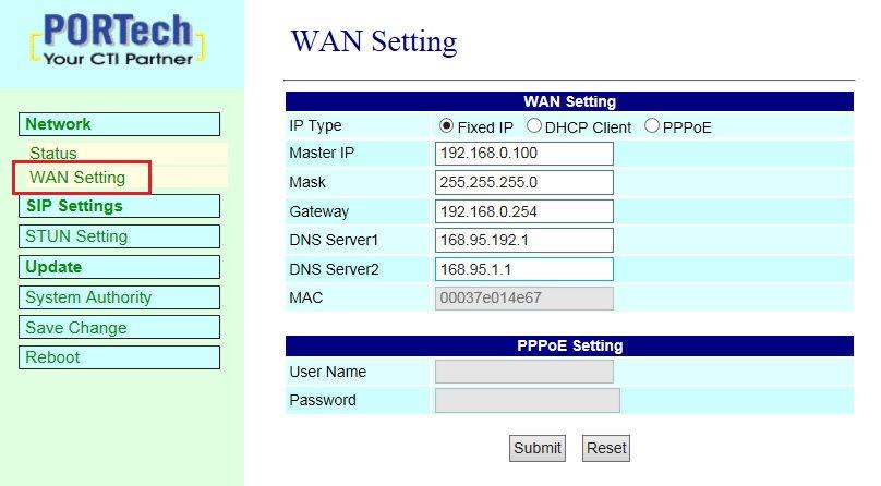 7.2.2 WAN Setting (WAN network settings) WAN Setting (WAN network settings) page provides the WAN network connection mode.