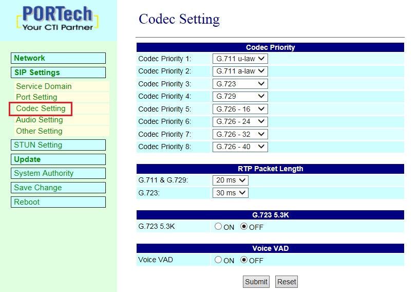7.3.3 Codec Setting (audio format settings) Codec Setting (audio format settings) page